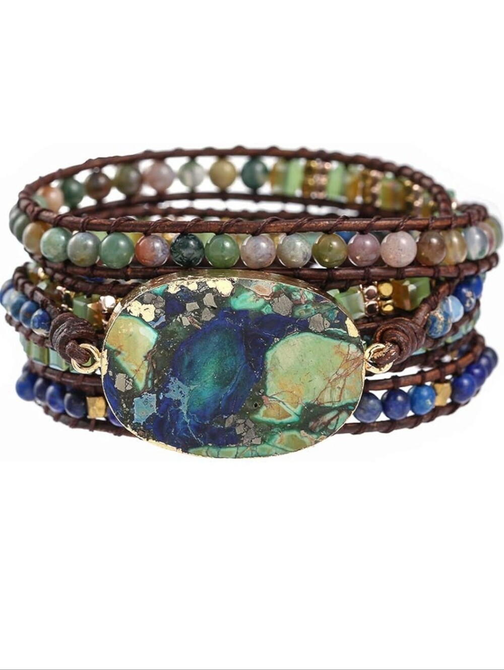 Boho Multi-Strand Green Blue Gemstone Wrap Bracelet